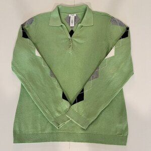 Izod Womens Green Black & White V-Neck Argyle Golf Sweater Sz M Preppy Cotton